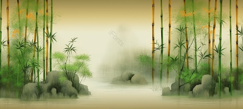 夏天夏季中国风绿竹竹叶平静的湖泊端午节山水画户外彩色复古风格插画背景,插画/手绘图,插画/手绘图库,插画/手绘图下载,插画/手绘